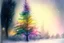 Placeholder: Christmas tree in the backyard, snowing, coloured bioluminescent light strings, misty evening, sunset smooth intricate beautiful lighting pencil sketch watercolor polished Soft focus warm light watercolor and ink