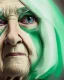 Placeholder: Abstract portrait of a dignified old woman with green eyes and white hair