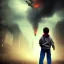 Placeholder: a little boy in a apocalypse city with big buildings, and smoke in the air, with flying machines