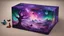 Placeholder: a box 10 cm long by 5 cm wide and 25 cm high, drawn on a box on all sides, space, tress, planets, butterfly nebula, crow galaxies a lot of colours purple, green and red, portal too others galaxy, realistic