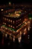 Placeholder: Render of a birds-eye view of an Italian trattoria in Little Italy, New York which is situated at the ground floor of a three-storey brick building on a rainy night with busy street in front and multiple buildings around. There is light glowing from the restaurant and it is at the center of the image.