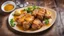 Placeholder: Fried pork loin with potatoes and sauce in restaurant