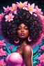 Placeholder: create a psychedelic digital enhance cartoon art style image with exaggerated features, 2k. cartoon image of a curvy size black female looking off to the side with a large thick tightly curly asymmetrical afro. Very beautiful. With pink and white plumeria flowers