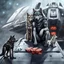 Placeholder: digital art front in picture an of little dark dog like creature stands and looking an anthropomorphic wolf couple sitting on the spaceship's ramp close together, the female wolf sits behind pale gray male wolf and puts one paw on the dark gray wolfman's shoulder, raini day, on ramp a little piece of meat lies down, high contrast, high detalied, high realistic, in background detail of a spaceship is visible. Rain, The atmosphere is a seamless blend of sci-fi and dark fantasy mood, digital art