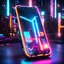 Placeholder: cyberpunk smartphone, screen, light beams, dark background, neon