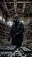 Placeholder: a person with a gas mask in an abandoned big massive factory, playing with a modular synth piano