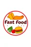 Placeholder: A circle logo with fast food text and pictures of fried green sausage hamburger and ketchup with red and yellow colors suitable for fast food.