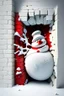 Placeholder: 3d Christmas snowman, bursting out through a wall, plaster texture, white and red, 3d background