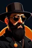 Placeholder: saint gunman with round sunglasses and a black coat and beard in the wild west, in a realistic style