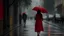 Placeholder: A woman seen from behind in a red dress and a white umbrella walks down the street on a rainy, foggy day