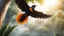 Placeholder: Hyper Realistic photographic-view of the same Koel-Bird Flying in a beautiful flower garden with extensive background in landscape mode