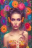 Placeholder: mexican Woman with flowers as hair in many colors looks at the camera