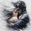 Placeholder: a painting of a man and a woman embracing each other. The man is holding the woman close to him, and the woman has her arms wrapped around his neck. The man has dark hair, and the woman has long, flowing white hair. The background is a swirling mass of white and black.