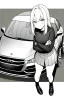 Placeholder: blonde young girl inside car, greyscale