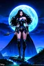 Placeholder: A BEAUTIFUL GIRL, BLACK LONG HAIRED, BIG BUB, NICE BODY, DRESSED A BLACK ARMOUR, WARRIOR AND AMAZON WOMAN, STAY ON TOP OF MPOUNTAIN, MOONSHINE AND FAIRY TURN AROUND HER, DARK NIGHT BACKGROUND, DISNEY STYLE GRAPHIC PICTURE