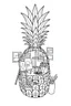 Placeholder: Pineapple Cozy Art Studio Coloring Page: A pineapple cross-section displaying an art studio. Features an easel, paint palettes, brushes, and artworks hung on the walls.