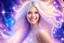 Placeholder: very beautiful cosmic women with white long hair, smiling, with cosmic dress and in the background there is a bautiful sky with stars and light beam