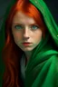 Placeholder: A girl with red hair and green eyes and she is wearing robe