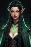 Placeholder: Young beautiful female Hexblood warlock character. Lightly tanned skin. Long straight jet-black hair to the waist. Half-up hairstyle with two loose Dutch braids on each side. Bright glowing pale emerald-green eyes. Delicate face. High cheekbones. Full lips. Soft smile. Slightly pointed ears. Faint dark vine-like markings on neck and collarbone. Black cloak. Realistic dark fantasy. Highly detailed. Cinematic lighting.