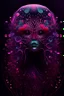 Placeholder: Beautiful giarl, jellyfish, mask neon crystal out her mind beautiful colorfully flowers and star pattern on fur front facing dark smooth colors high contrast background darkred tones,