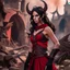 Placeholder: a beautiful tiefling woman with dark hair in a sleeveless battle outfit, amidst the ruins of a medieval town destroyed by war, photo quality, dark red colors