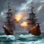 Placeholder: Two pirate ships fight each other at sea. Firing cannons.