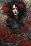 Placeholder: abstract creation of a beautiful girl with black curly hair, surrounded by black and red roses, wrapped in thick bushes of thorns, glass petals on the ground, winter and bright colours,dried out thorn bush, chaos,