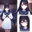 Placeholder: Clear focus,High resolution, Black long fluffy hair, long bangs, and purple eyes, wearing a sailor uniform, Full body, Medium Close up, High quality comic