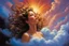 Placeholder: A woman having a beautiful dream floating on a cloud painted by Jeff Easley. concept art, mid shot, intricately detailed, color depth, dramatic, 2/3 face angle, side light, colorful background