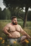 Placeholder: full figure photography, shy muscular big fat chubby, 35mm lens, burly italian man short hair, 27 years old sitting in the meadow with a flower in a hand, near a big farm , red short beard, , hairy armpits, manly armpits, ugly, manly chest, hairy chest, big shoulders, , huge belly, manly chest, shirtless, with boxer, emotive eyes, photorealistic , dim side light, ambient occlusion, side view, poetic composition, golden ratio