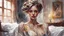 Placeholder: Elegant girl with fantastic face, intricate hairstyle, detailed dress, in bedroom setting, watercolor style blend influenced by Razumov, Volegov, Carne Griffiths, Wadim Kashin, ambient SF tones, intricate artwork with ominous undertone, matte painting resembling film poster, composition adhering to golden ratio, trending aesthetic on CGSociety, ArtStation, character model evoking Artg