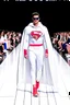 Placeholder: Superman on a fashion runway like Balenciaga Style street wear white tones