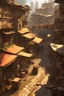 Placeholder: Fantasy city slum street, moist from rain on sunny day, lots of shops and side alleys