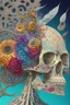 Placeholder: artwork entitled "shaking the ghost out of the machine"; a skull growing fractals made of mixed media such as feathers, foliage, flowers, and gemstones instead of hair from the top of their head; optical art; surreal; quilling, masterpiece, Intricate, provocative, psychedelic, Magnificent.