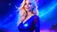 Placeholder: Full body portrait of a peaceful ((smiling)) gorgeous blonde Goddess of the galaxies with a blue indigo purple skin, high skul, luminous eyes in a galactic sunset