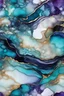 Placeholder: Alcohol ink art tile pattern. Vibrant, fantasy, delicate, ethereal. Sea. Shades of blue, black, teal, purple, turquoise, white. with golden outlines waves on shore. colorful beach. Background ink drip.