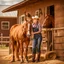 Placeholder: Beautiful blonde female farmer on a horse farm in Texas wearing tight denim overalls and wearing cowboy boots holding a horse's front leg and shoeing a hoof, surrounded by a wooden fence yard and bales of hay and hay, in the background of a typical ranch house