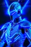 Placeholder: neon blue, flying parts of armor in form of triangles, cyber armor, geometric patterns on armor, male, orbiting triangle