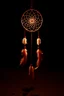 Placeholder: a dreamcatcher made of light, natural red tones, brown dirt ground long bottom, dark background