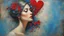 Placeholder: old painting, torn edges, blue, WOMAN, love, red heart, light, flower, double exposure, abstract surreal portrait, oil painting in impressionism, large strokes, airbrush effect, textured painting, antique style, vintage, semi-abstract, semi-realistic, surreal .