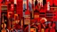 Placeholder: A dark red city made out of jazz instruments painted by Stuart Davis