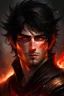 Placeholder: A young striking fantasy Lord Of The Rings like man with black messy hair and short beard, exuding an air of fierceness. His fiery red eyes hint at mystery and intelligence.
