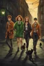 Placeholder: Design a detective book cover for teenagers. Three teenage detectives and a black cat in the centre, one boy on her left, the girl in the centre and one on her right are on the town street. Banksy style, modern comic book style, mysterious atmosphere, modern clothes, streetwear, street look, Polish style, highly detailed, green eyes, brown eyes, ginger hair, brown hair, blonde hair