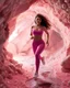 Placeholder: make a video pretty crystal cave covered with jwelary and 3d recursive cubic and sphere base pearls and a beautiful fashion model lady with cute,curvy hair,makeup, in pretty sports suit is running inside cave ,dynamic camera fallow her inside cave capturing full body, dynamic lights.