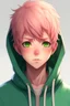 Placeholder: An anime man with messy short pink hair and blue eyes wearing a green hoodie. Realistic.