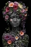 Placeholder: woman made of flowers and vines, x-ray style, black background