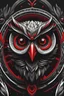 Placeholder: logo design, bunchy, 3d lighting, Black, white and red Evil owl, highly detailed face, cut off, symmetrical, friendly, minimal, round, simple, cute