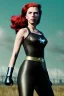 Placeholder: retro portrait image from 1960, sky background, wind, long red hair, fighting stance, sweet young Scarlett Johansson, black dress, classic long tight lycra black suit, gold bracelet and belt, high heel boots, superhero style, soft color, highly detailed, unreal engine 5, ray tracing, RTX, lumen lighting, ultra detail, volumetric lighting, 3d, finely drawn, high definition, high resolution.