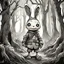 Placeholder: Ink drawing of a cute war bunny, big sweet smile, close mouth, horror, old dark scary forest with crooked trees and roots in the background, by tim burton, fashion ao dai, peter painting, digital illustration, comic style, black and white contrast, perfect anatomy, centered, dynamic, detailed, watercolor, artstation, concept art, smooth surface, sharp focus, illustration, art by Carne Griffiths and Vadim Kashin