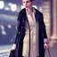 Placeholder: A beautiful slender well dressed young French woman with short hair and a black trench coat, waiting for a man at night at a train station in London